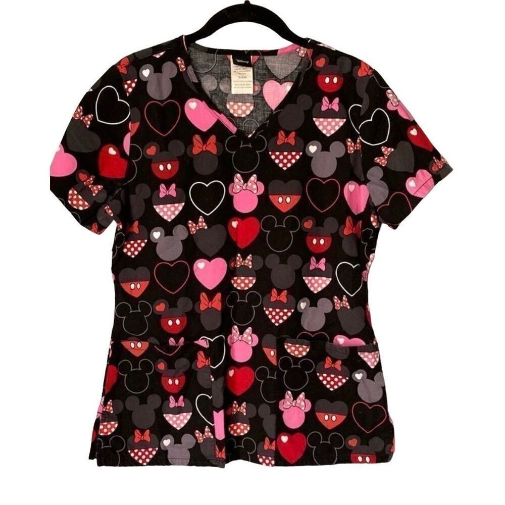Disney women’s Minnie mouse 2 front pocket, nursing scrub top size small ￼